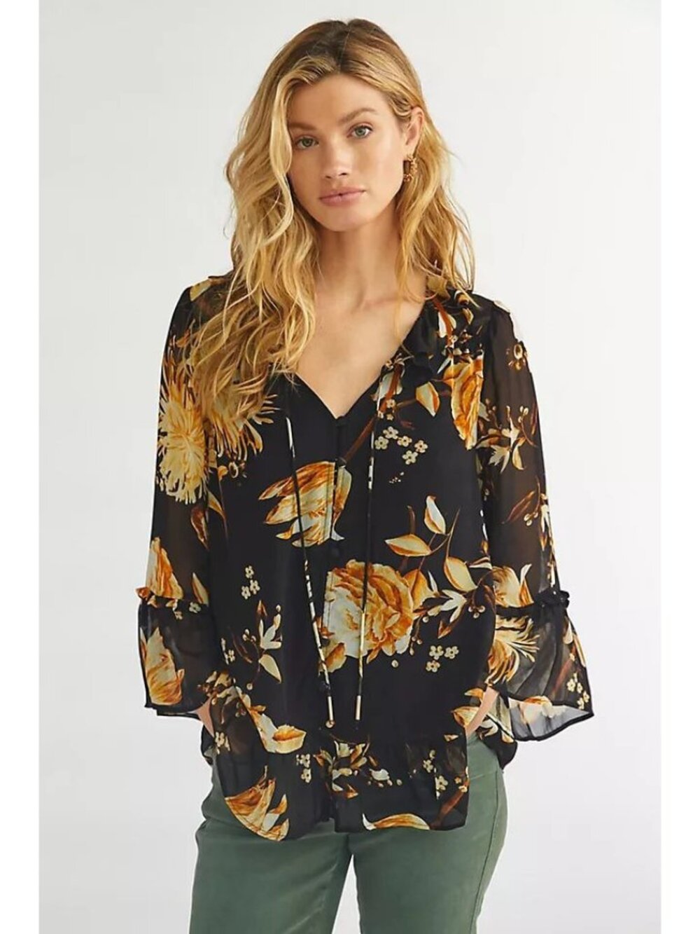 Anthropologie M Black Romantic Ruffled Peasant Blouse Boho Floral Career Office